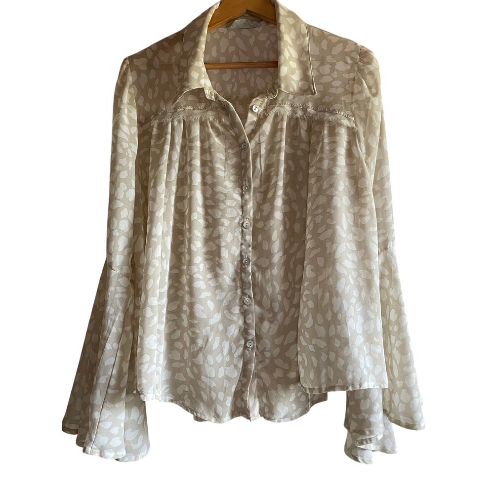 Abstract Animal Print Raw Hem Sheer Blouse Top Size M Cream Tan